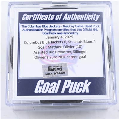 Mathieu Olivier - Columbus Blue Jackets - Goal Puck - January 4, 2025 vs. St. Louis Blues (Blue Jackets Logo)