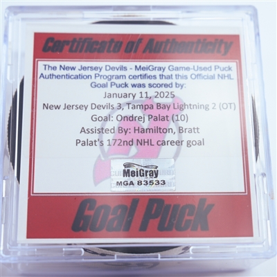 Ondrej Palat - New Jersey Devils - Goal Puck - January 11, 2025 vs. Tampa Bay Lightning (Devils Logo)