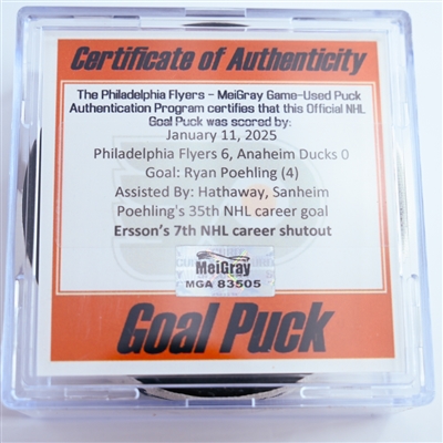 Ryan Poehling - Philadelphia Flyers - Goal Puck - January 11, 2025 vs. Anaheim Ducks (Flyers Logo)