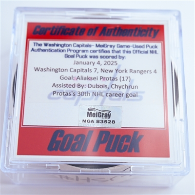 Aliaksei Protas - Washington Capitals - Goal Puck - January 4, 2025 vs. New York Rangers (Capitals 50th Anniversary Logo)