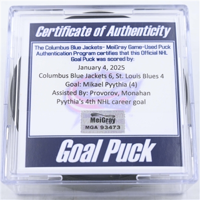 Mikael Pyythia - Columbus Blue Jackets - Goal Puck - January 4, 2025 vs. St. Louis Blues (Blue Jackets Logo)