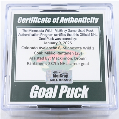Mikko Rantanen - Colorado Avalanche - Goal Puck - January 9, 2025 vs. Minnesota Wild (Wild Logo)