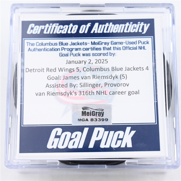 James van Riemsdyk - Columbus Blue Jackets - Goal Puck - January 2, 2025 vs. Detroit Red Wings (Blue Jackets Logo)