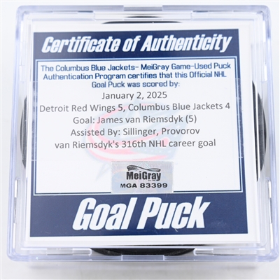 James van Riemsdyk - Columbus Blue Jackets - Goal Puck - January 2, 2025 vs. Detroit Red Wings (Blue Jackets Logo)