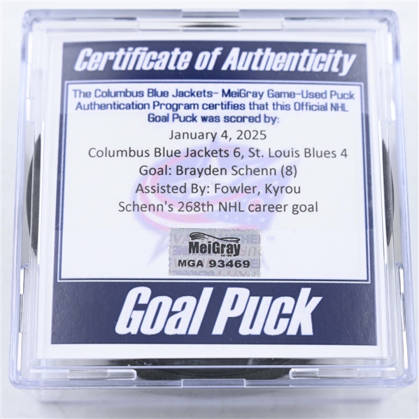Brayden Schenn - St. Louis Blues - Goal Puck - January 4, 2025 vs. Columbus Blue Jackets (Blue Jackets Logo)