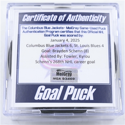 Brayden Schenn - St. Louis Blues - Goal Puck - January 4, 2025 vs. Columbus Blue Jackets (Blue Jackets Logo)