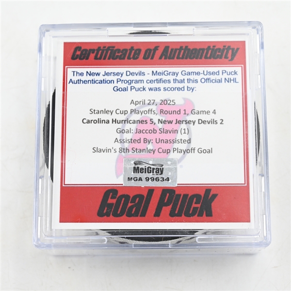 Jaccob Slavin - Carolina Hurricanes - Goal Puck - April 27, 2025 vs. New Jersey Devils - 2025 Stanley Cup Playoffs - Round 1, Game 4 (Devils Logo)