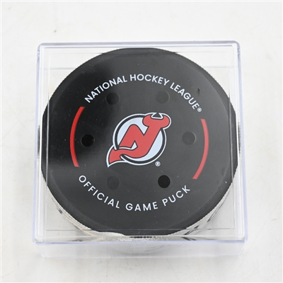 Jaccob Slavin - Carolina Hurricanes - Goal Puck - April 27, 2025 vs. New Jersey Devils - 2025 Stanley Cup Playoffs - Round 1, Game 4 (Devils Logo)
