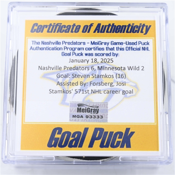 Steven Stamkos - Nashville Predators - Goal Puck - January 18, 2025 vs. Minnesota Wild (Predators Logo)