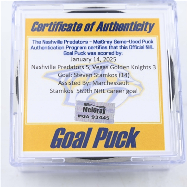 Steven Stamkos - Nashville Predators - Goal Puck - January 14, 2025 vs. Vegas Golden Knights (Predators Logo)