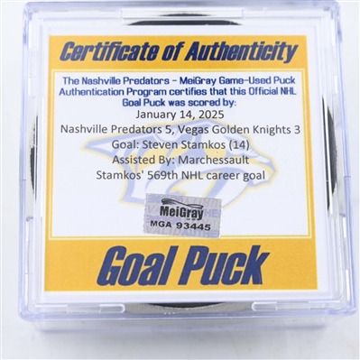 Steven Stamkos - Nashville Predators - Goal Puck - January 14, 2025 vs. Vegas Golden Knights (Predators Logo)