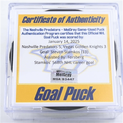 Steven Stamkos - Nashville Predators - Goal Puck - January 14, 2025 vs. Vegas Golden Knights (Predators Logo)