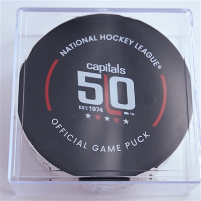Dylan Strome - Washington Capitals - Goal Puck - January 4, 2025 vs. New York Rangers (Capitals' 50th Anniversary Logo)