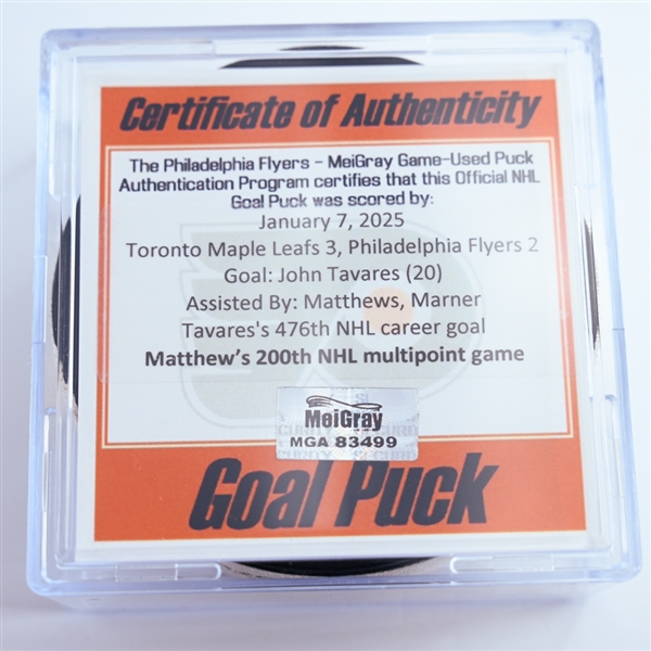 John Tavares - Toronto Maple Leafs - Goal Puck - January 7, 2025 vs. Philadelphia Flyers (Flyers Logo)