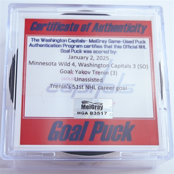 Yakov Trenin - Minnesota Wild - Goal Puck - January 2, 2025 vs. Washington Capitals (Capitals 50th Anniversary Logo)