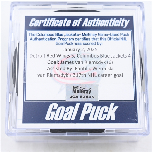 James van Riemsdyk - Columbus Blue Jackets - Goal Puck - January 2, 2025 vs. Detroit Red Wings (Blue Jackets Logo)