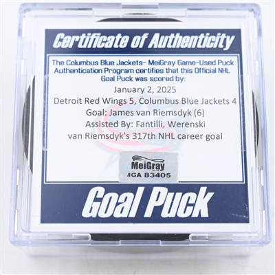 James van Riemsdyk - Columbus Blue Jackets - Goal Puck - January 2, 2025 vs. Detroit Red Wings (Blue Jackets Logo)