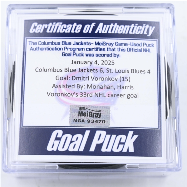 Dmitri Voronkov - Columbus Blue Jackets - Goal Puck - January 4, 2025 vs. St. Louis Blues (Blue Jackets Logo)