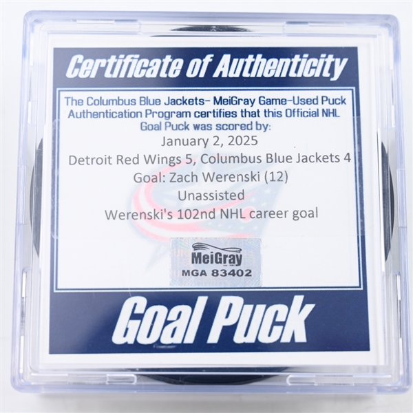 Zach Werenski - Columbus Blue Jackets - Goal Puck - January 2, 2025 vs. Detroit Red Wings (Blue Jackets Logo)