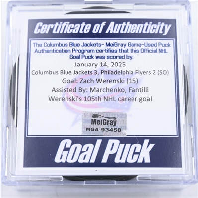 Zach Werenski - Columbus Blue Jackets - Goal Puck - January 14, 2025 vs. Philadelphia Flyers (Blue Jackets Logo)
