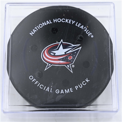 Zach Werenski - Columbus Blue Jackets - Goal Puck - January 14, 2025 vs. Philadelphia Flyers (Blue Jackets Logo)