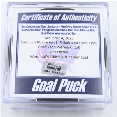 Zach Werenski - Columbus Blue Jackets - Goal Puck - January 14, 2025 vs. Philadelphia Flyers (Blue Jackets Logo)