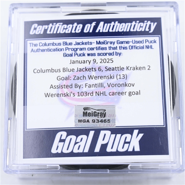 Zach Werenski - Columbus Blue Jackets - Goal Puck - January 9, 2025 vs. Seattle Kraken (Blue Jackets Logo)