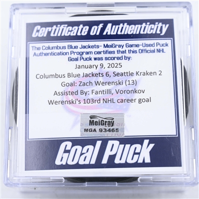 Zach Werenski - Columbus Blue Jackets - Goal Puck - January 9, 2025 vs. Seattle Kraken (Blue Jackets Logo)