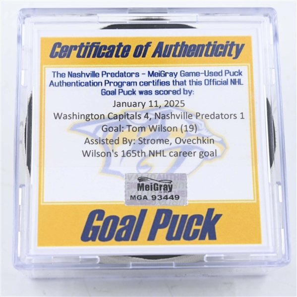 Tom Wilson - Washington Capitals - Goal Puck - January 11, 2025 vs. Nashville Predators (Predators Logo)