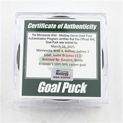 Justin Brazeau - Minnesota Wild - Goal Puck - March 22, 2025 vs. Buffalo Sabres (Wild Logo)