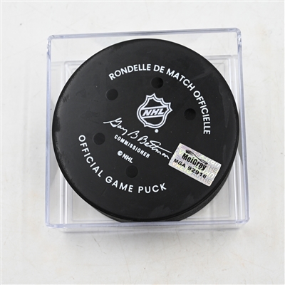 Brock Boeser - Vancouver Canucks - Goal Puck - March 28, 2025 vs. Columbus Blue Jackets (Blue Jackets Logo)
