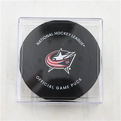 Brock Boeser - Vancouver Canucks - Goal Puck - March 28, 2025 vs. Columbus Blue Jackets (Blue Jackets Logo)