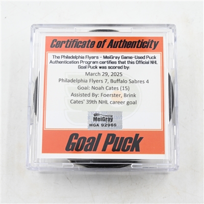 Noah Cates - Philadelphia Flyers - Goal Puck - March 29, 2025 vs. Buffalo Sabres (Flyers Logo)