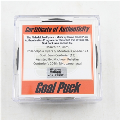 Sean Couturier - Philadelphia Flyers - Goal Puck - March 27, 2025 vs. Montreal Canadiens (Flyers Logo)