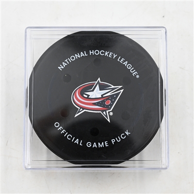 Jake DeBrusk - Vancouver Canucks - Goal Puck - March 28, 2025 vs. Columbus Blue Jackets (Blue Jackets Logo)