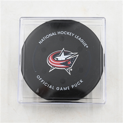 Linus Karlsson - Vancouver Canucks - Goal Puck - March 28, 2025 vs. Columbus Blue Jackets (Blue Jackets Logo)