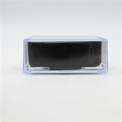 Linus Karlsson - Vancouver Canucks - Goal Puck - March 28, 2025 vs. Columbus Blue Jackets (Blue Jackets Logo)