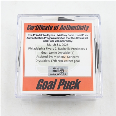 Jamie Drysdale - Philadelphia Flyers - Goal Puck - March 31, 2025 vs. Nashville Predators (Flyers Logo)