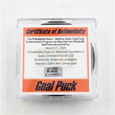 Christian Dvorak - Montreal Canadiens - Goal Puck - March 27, 2025 vs. Philadelphia Flyers (Flyers Logo)