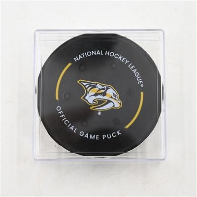 Jack Eichel - Vegas Golden Knights - Goal Puck - March 29, 2025 vs. Nashville Predators (Predators Logo)
