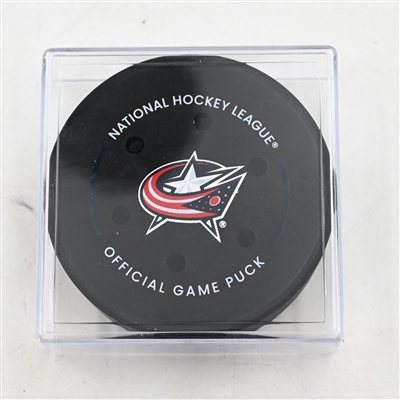 Dante Fabbro - Columbus Blue Jackets - Goal Puck - March 28, 2025 vs. Vancouver Canucks (Blue Jackets Logo)