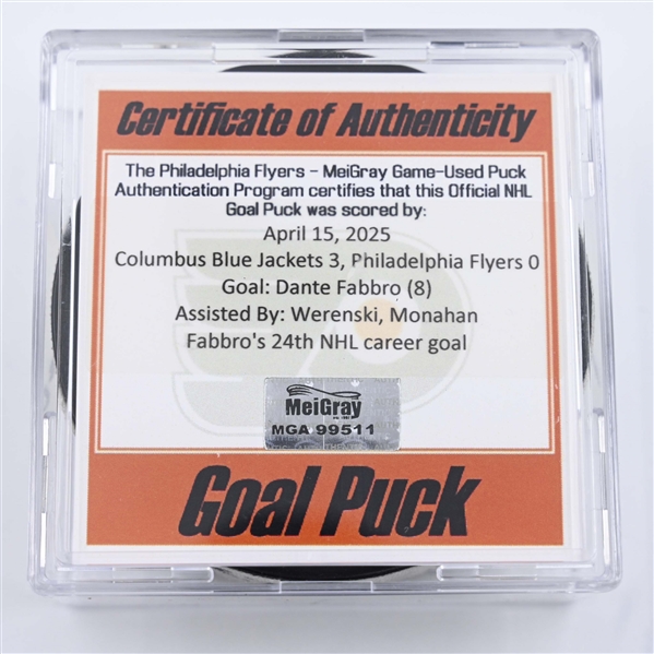 Dante Fabbro - Columbus Blue Jackets - Goal Puck - April 15, 2025 vs. Philadelphia Flyers (Flyers Logo)
