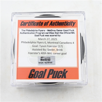 Tyson Foerster - Philadelphia Flyers - Goal Puck - March 27, 2025 vs. Montreal Canadiens (Flyers Logo)