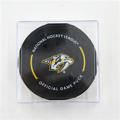 Dylan Holloway - St. Louis Blues - Goal Puck - March 27, 2025 vs. Nashville Predators (Predators Logo)
