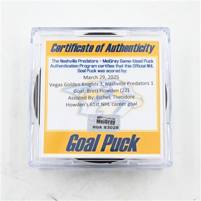 Brett Howden - Vegas Golden Knights - Goal Puck - March 29, 2025 vs. Nashville Predators (Predators Logo)