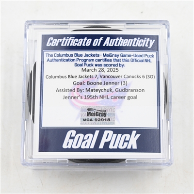 Boone Jenner - Columbus Blue Jackets - Goal Puck - March 28, 2025 vs. Vancouver Canucks (Blue Jackets Logo)