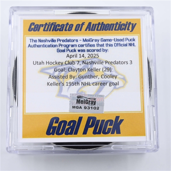 Clayton Keller - Utah Hockey Club - Goal Puck - April 14, 2025 vs. Nashville Predators (Predators Logo)