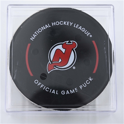 Cole Koepke - Boston Bruins - Goal Puck - April 8, 2025 vs. New Jersey Devils (Devils Logo)