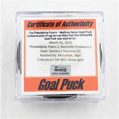 Zachary LHeureux - Nashville Predators - Goal Puck - March 31, 2025 vs. Philadelphia Flyers (Flyers Logo)