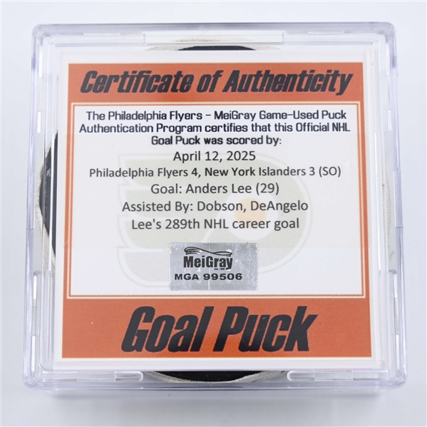 Anders Lee - New York Islanders - Goal Puck - April 12, 2025 vs. Philadelphia Flyers (Flyers Logo)